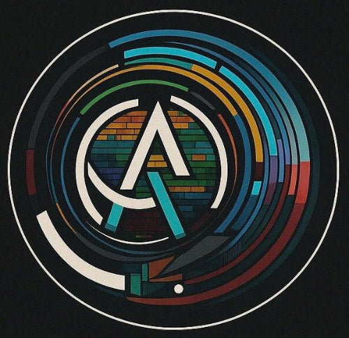 Colorful circular design with a central logo on a black background