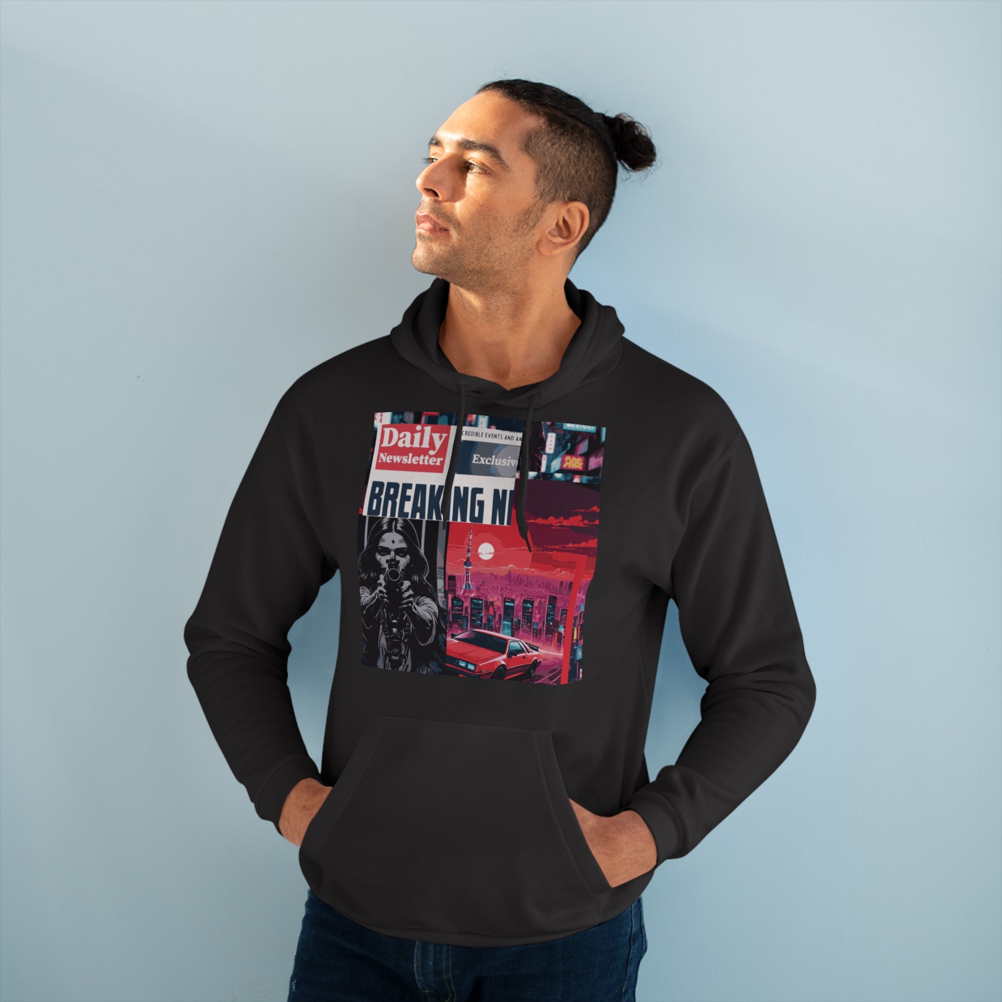“Model in Breaking News Graphic Hoodie – Urban Political Art Streetwear – Artists’ Armory”