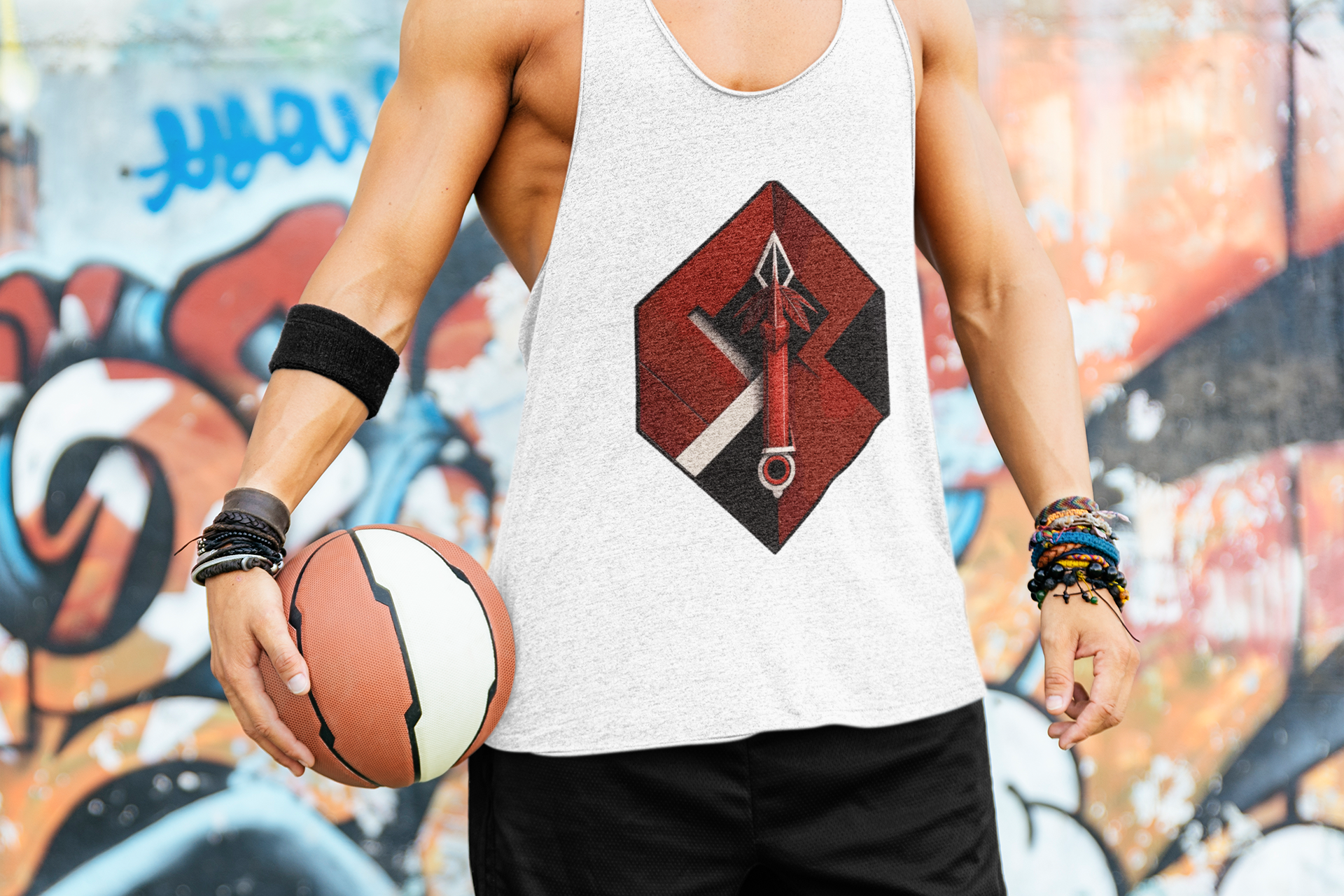 Hexa Spear Cyber Tank – Red Emblem Sleeveless Top