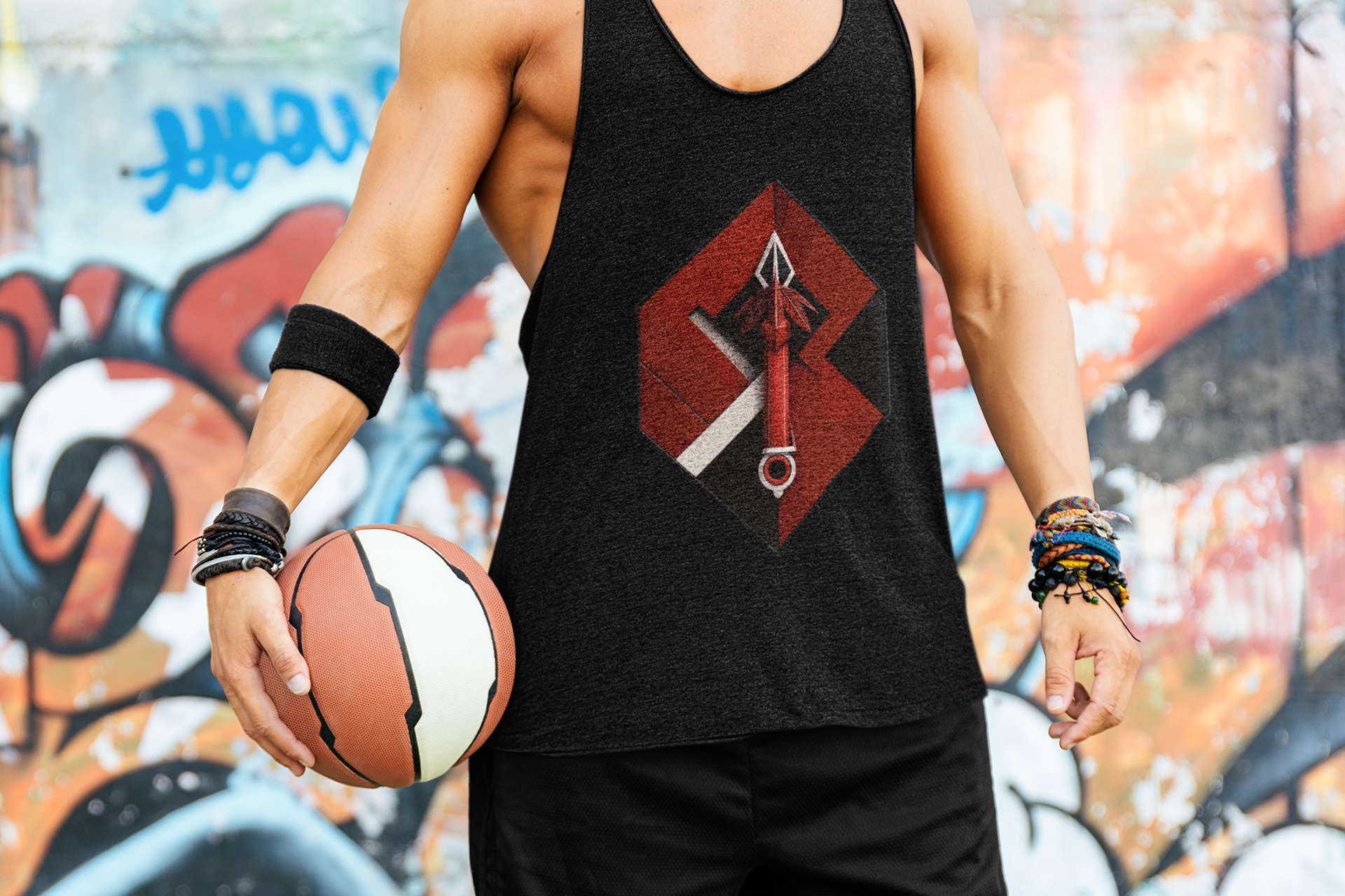 Hexa Spear Cyber Tank – Red Emblem Sleeveless Top