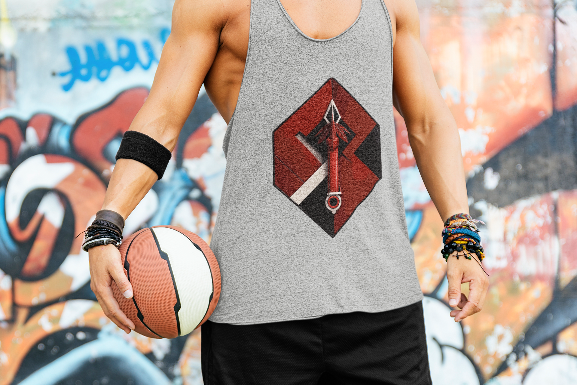 Hexa Spear Cyber Tank – Red Emblem Sleeveless Top