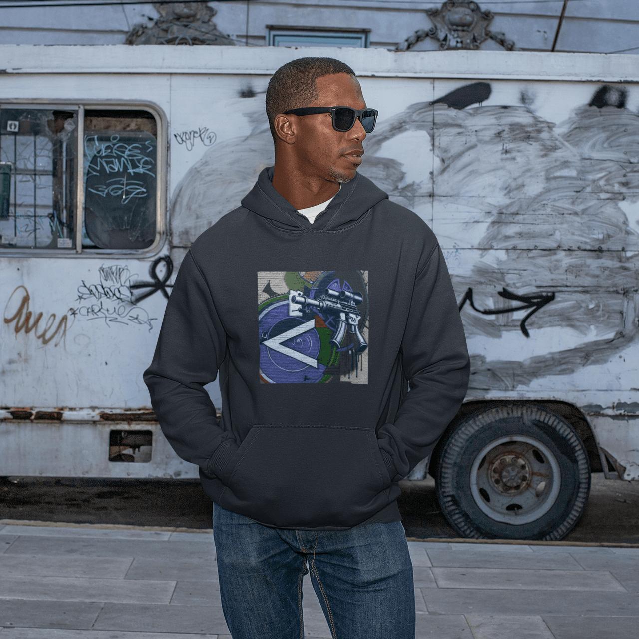 Urban Streetwear Hoodie – Blue Machine Gun Art