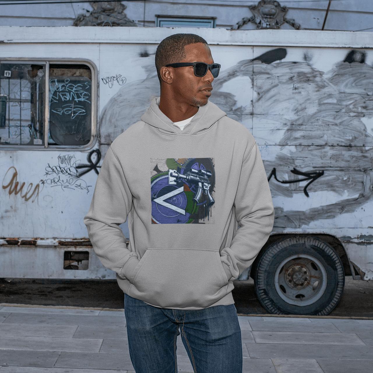 Urban Streetwear Hoodie – Blue Machine Gun Art