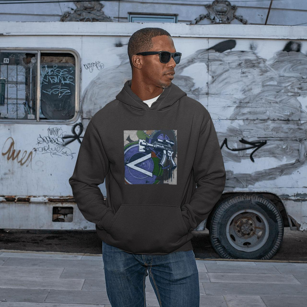 Urban Streetwear Hoodie – Blue Machine Gun Art
