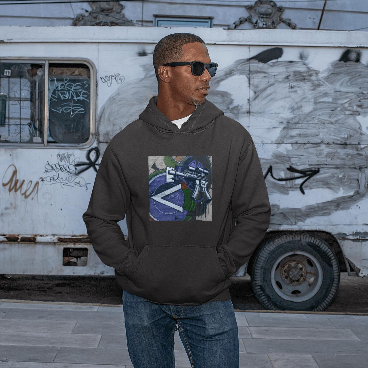 Urban Streetwear Hoodie – Blue Machine Gun Art