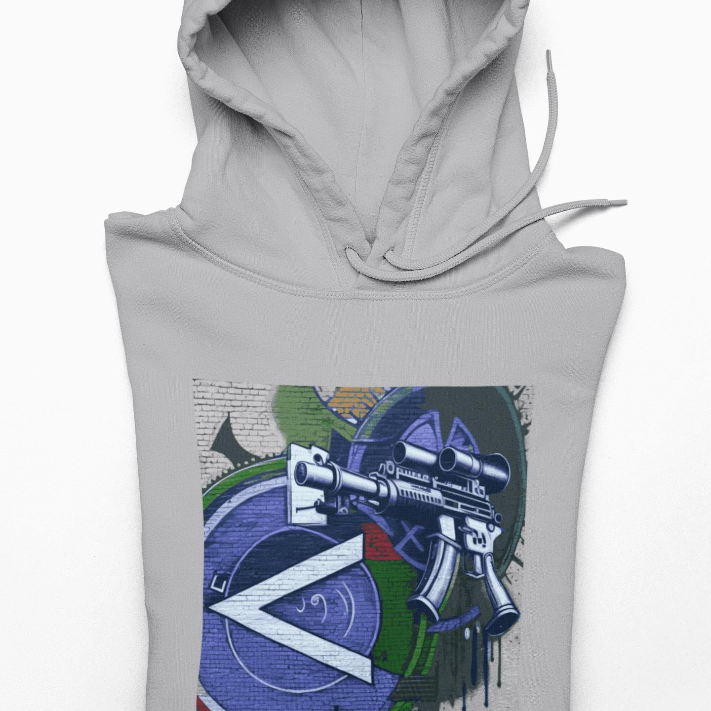 Urban Streetwear Hoodie – Blue Machine Gun Art