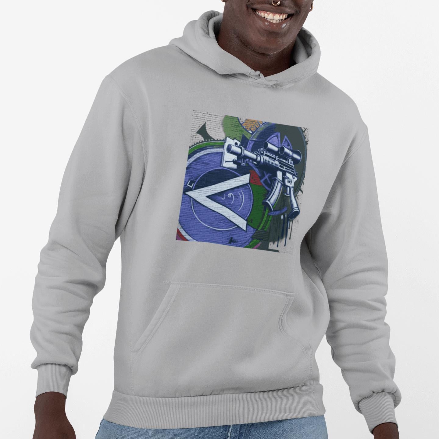 Urban Streetwear Hoodie – Blue Machine Gun Art