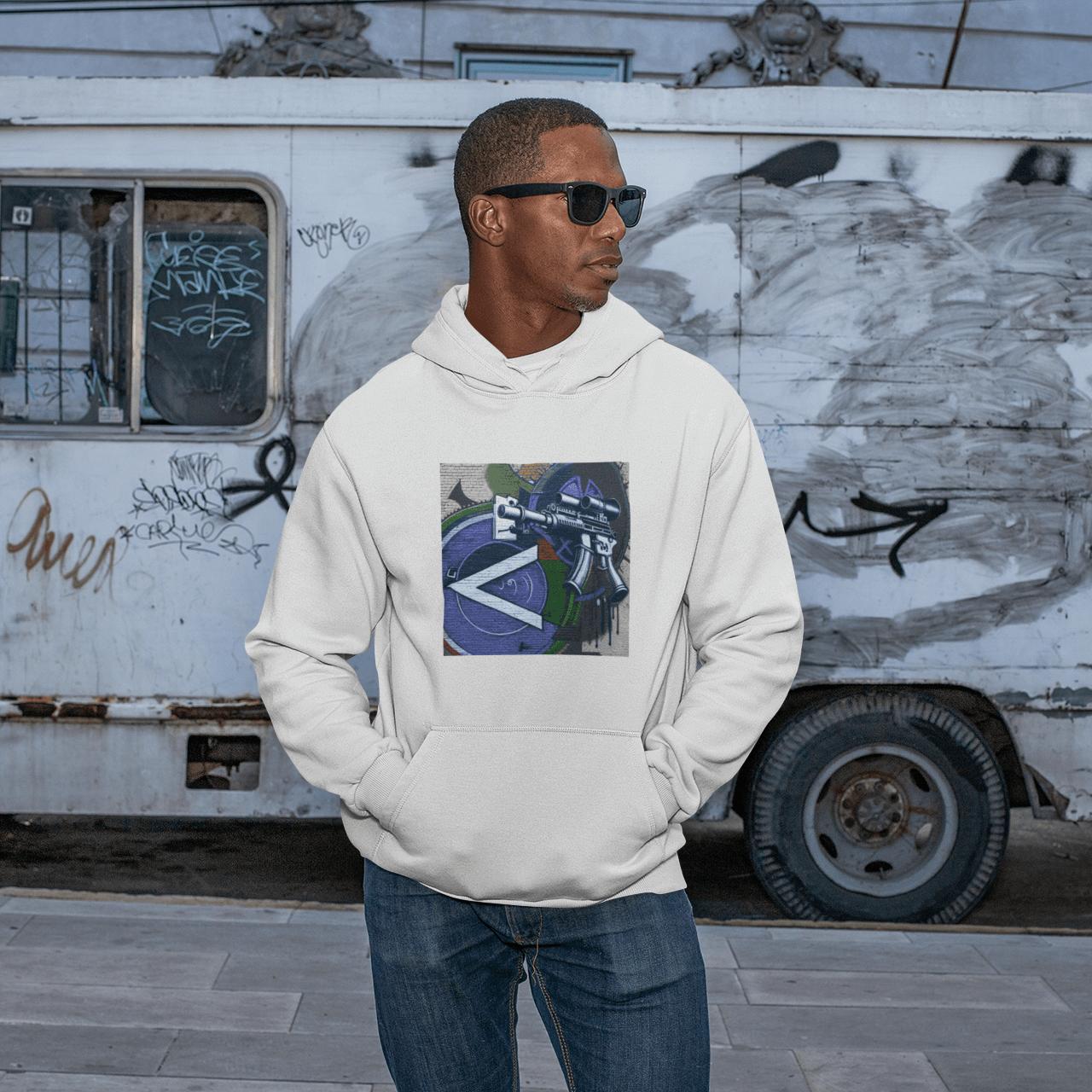 Urban Streetwear Hoodie – Blue Machine Gun Art