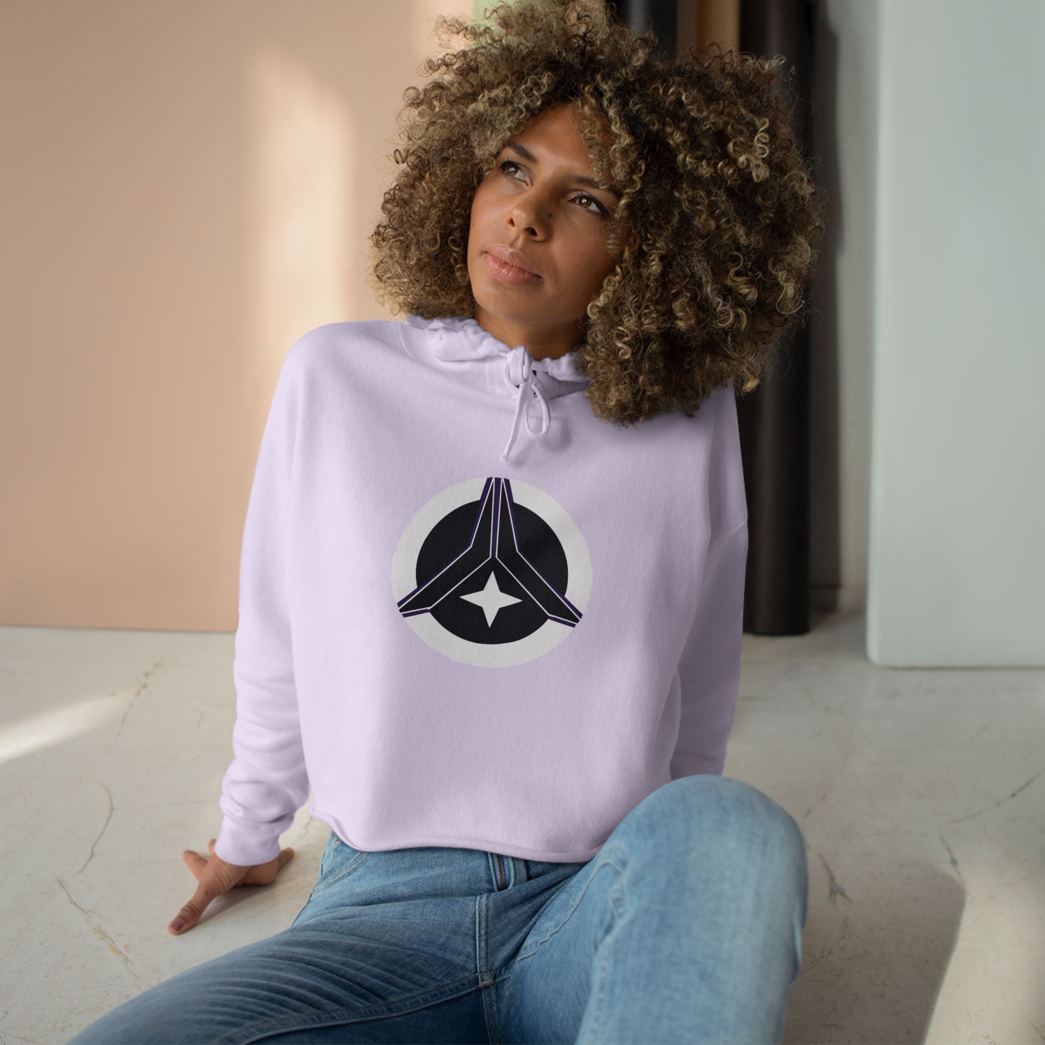 Women’s Crop Hoodie – Cosmic Peace Symbol (Purple/Black)