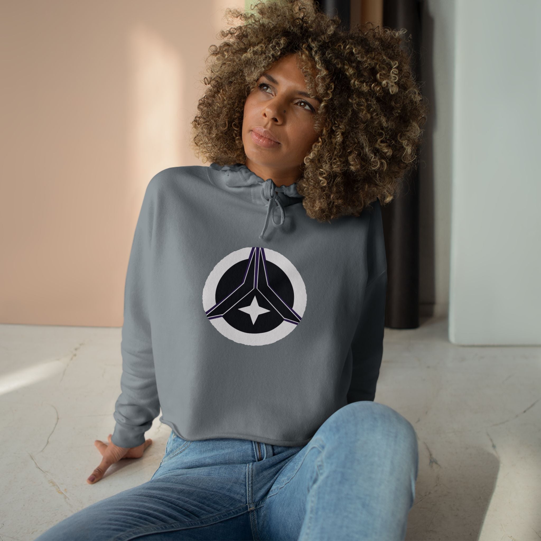 Women’s Crop Hoodie – Cosmic Peace Symbol (Purple/Black)