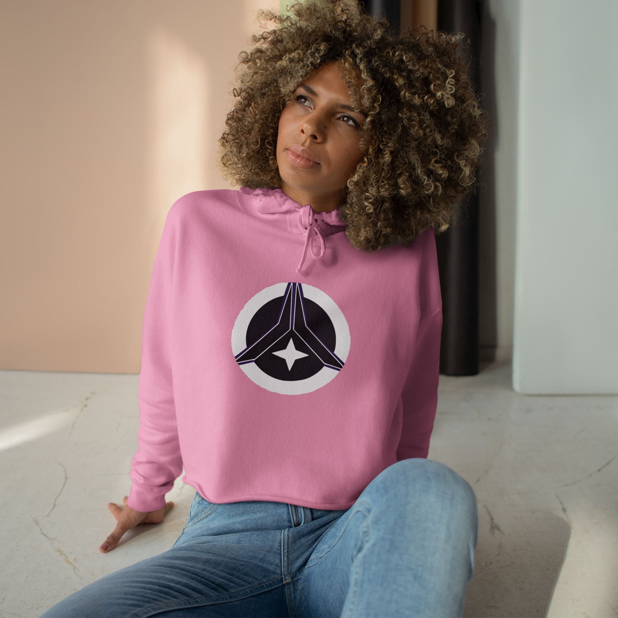 Women’s Crop Hoodie – Cosmic Peace Symbol (Purple/Black)