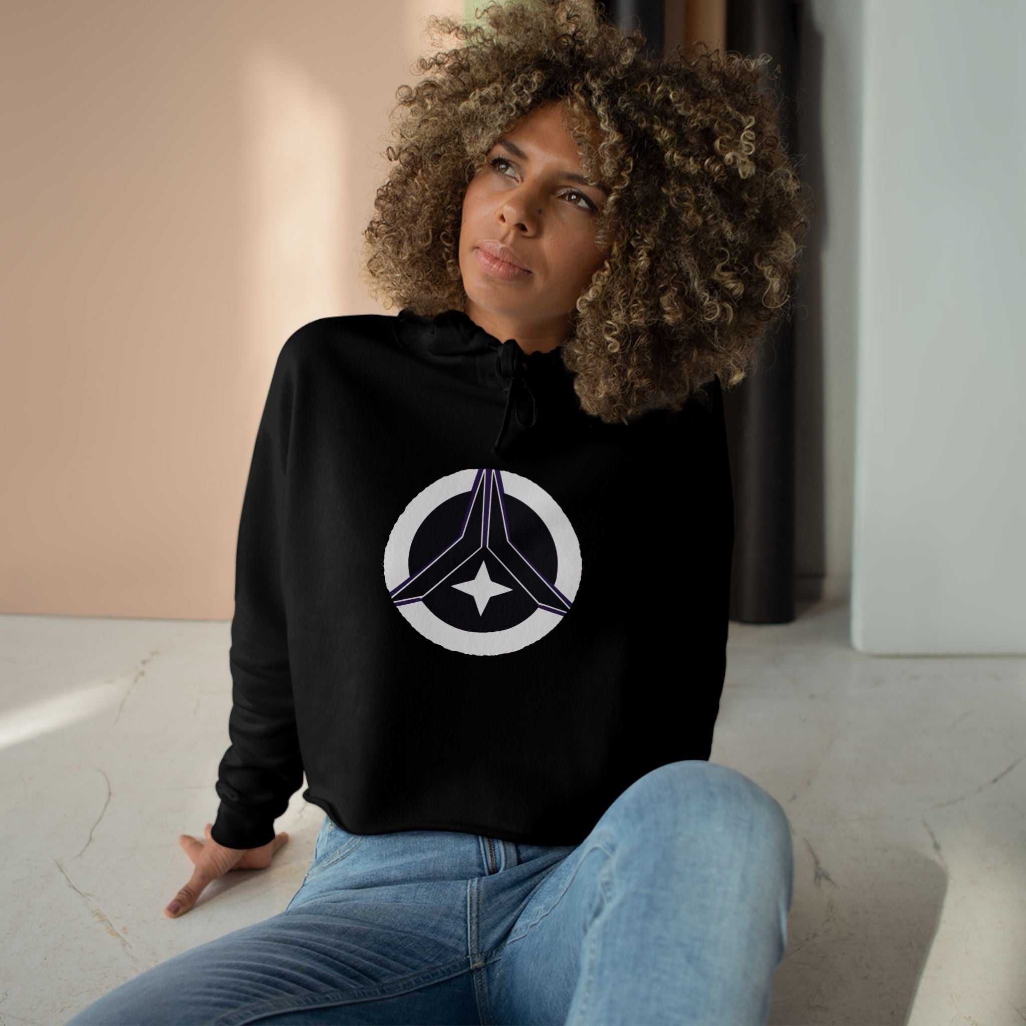 Women’s Crop Hoodie – Cosmic Peace Symbol (Purple/Black)